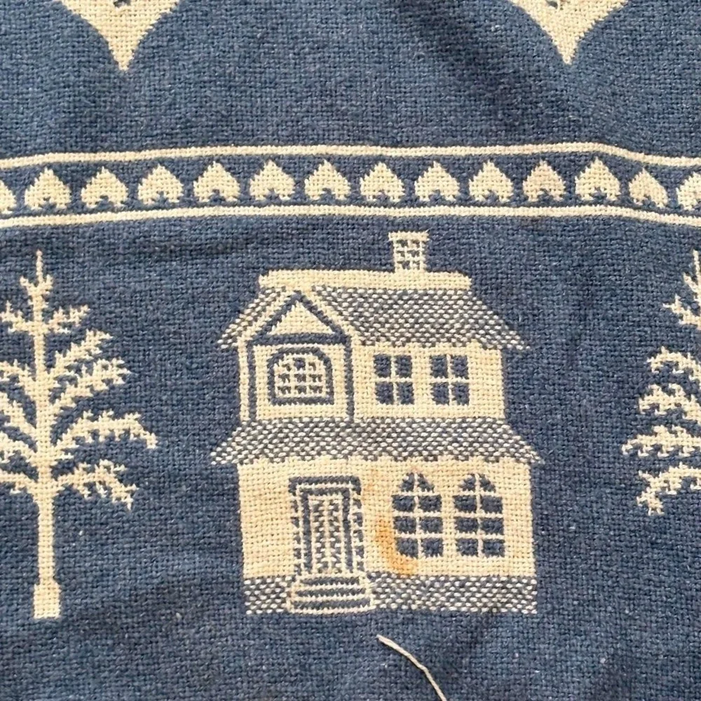 Vintage 90s Farmhouse Cottagecore Fringe Heavy Throw Blanket Country Blue